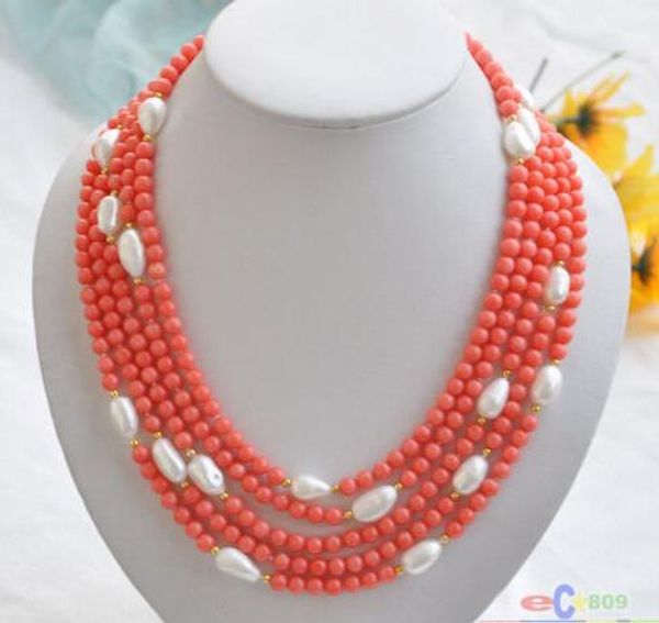

5row natural 21 rose coral white baroque pearl necklace, Silver