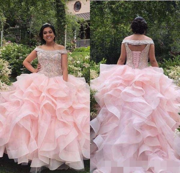 

pink ruffles quinceanera dresses luxury beaded off the shoulder custom made sweet 16 birthday party pageant ball gown formal evening wear, Blue;red