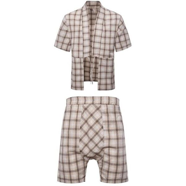 

men 's set summer japan style drawstring short sleeve plaid tracksuit men linen breathable fashion vintage size -3xl, Gray