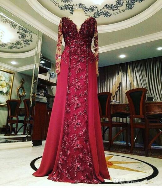 

modest dark red dresses evening wear a-line beaded long evening formal gowns plunging neckline lace appliqued sweep train mother dress 4059, Black;red
