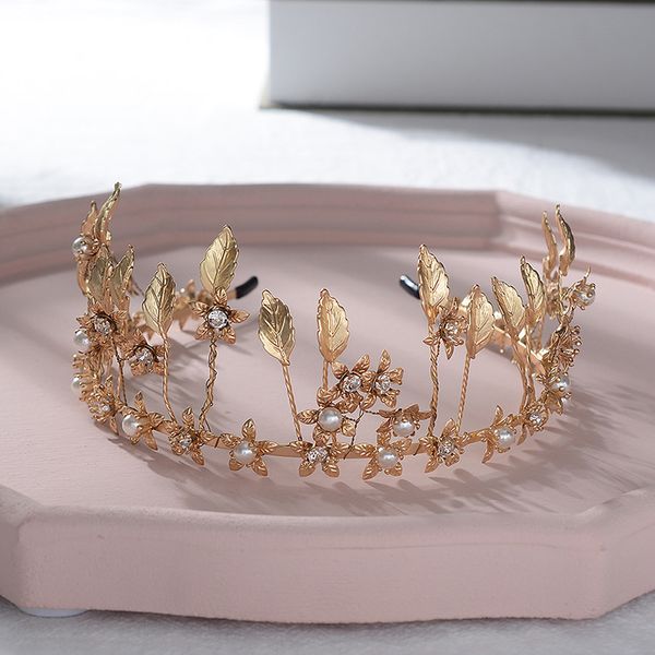 

forseven women girl birthday simulately pearls royal princess hair loops tiara crowns diadem bridal bride wedding party headband, Golden;white
