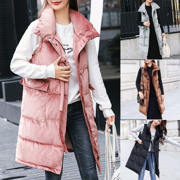 

women's vests winter woman coats solid warm stand collar jacket slim button parka black long outwear trench coat vest femme, Black;white