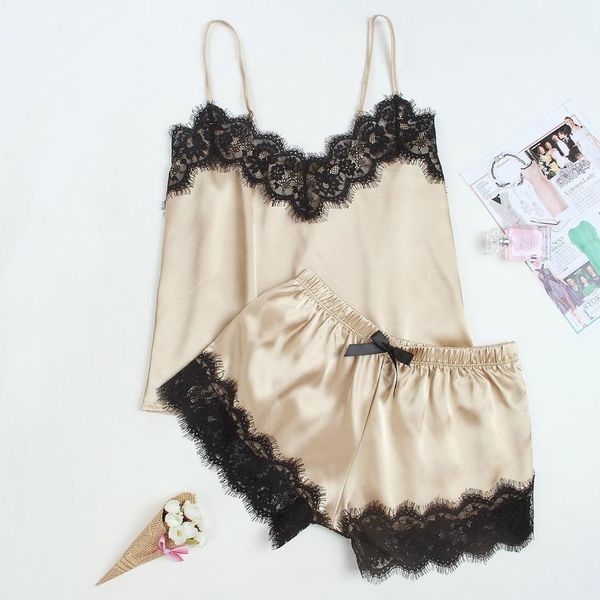 

women v-neck eyelash silk lace stain camisole pajamas bowknot shorts set cute cami and shorts new arrival l24#, Red;black