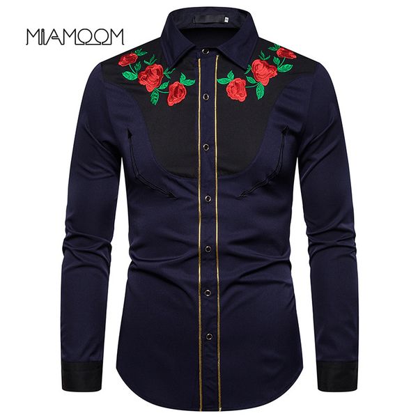 

miamoom men's fashion embroidered shirt western style shirt rose embroidered long-sleeve, White;black