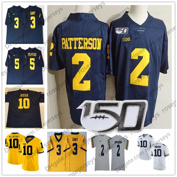 2019 Michigan Wolverines # 2 Shea Patterson 10 Dylan McCaffrey Devin Bush 3 Rashan Gary Peppers Brady Woodson White Navy Blue 150TH Jersey