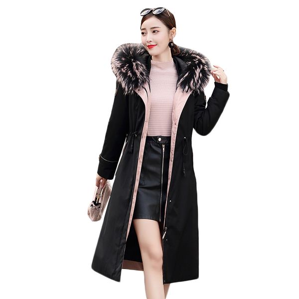 

big fur collar down jacket female long 2018 new winter slimming white duck down women hooded fashion big size outwear coat zs555, Black