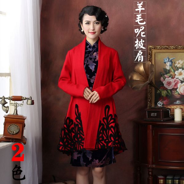 

traditional chinese long cape coat women's red/black woolen jacket one