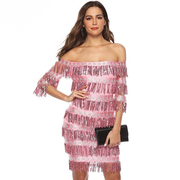 

women's evening dress slash neck half sleeve tassel hip mini sequin dresses nightclub female party dress vestido, Black;red