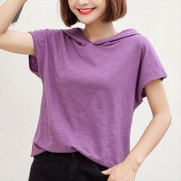 

short-sleeved cloth t- cloth t-shirt with hat women's loose bamboo hooded thin cotton hoodie cotton half-sleeve shirt, White