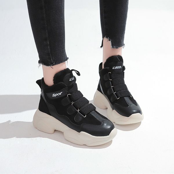 

winter women boots plus plush warm ankle snow boots 2019 new chunky sneakers platform sneakers dad shoes cotton shoes, Black
