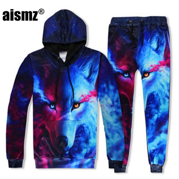 

aismz autumn winter casual mens tracksuit set animal 3d print hooded sweatshirt+pants 2 piece sets moletom masculino men suit, Gray