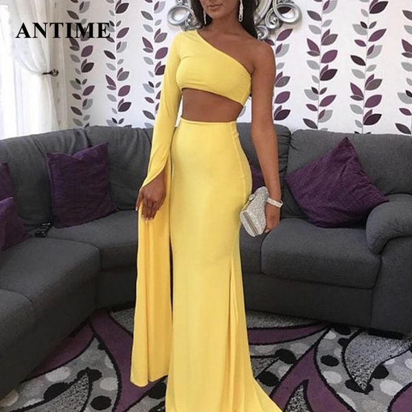 

antime 2 piece dress women solid one shoulder long sleeve party night club autumn winter trumpet maxi dress ladies vestidos, Black;pink