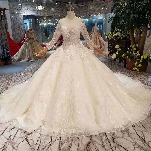 

ball gown organza wedding dress 2019 illusion o-neck illusion long tulle sleeves lace up back luxury wedding gown with castle long train, White