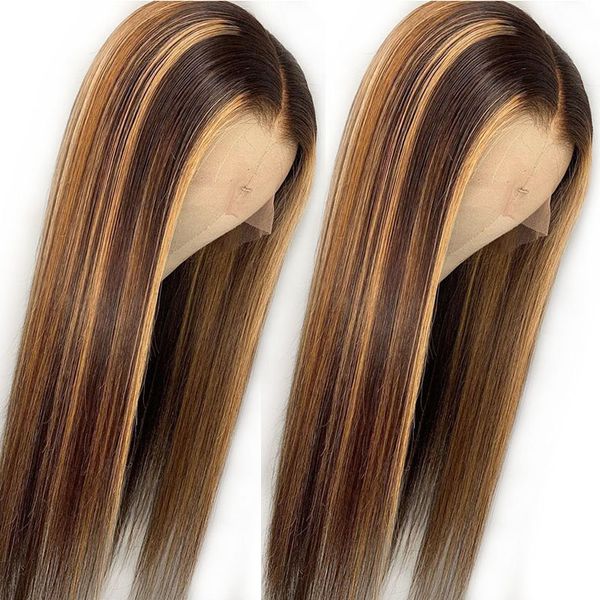 Ombre Highlight Brazilian Lace Front Wigs Human Hair Straight Dark Root Honey Blonde Human Hair Wigs For Black Women Pre Plucked Yaki Straight Full