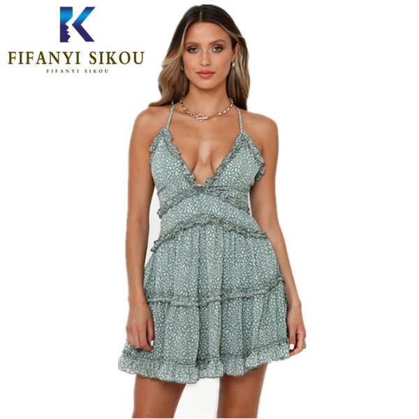 

2020 summer backless mini dress women v-neck sleeveless spaghetti strap chiffon dress lady floral print beach party dresses, Black;gray