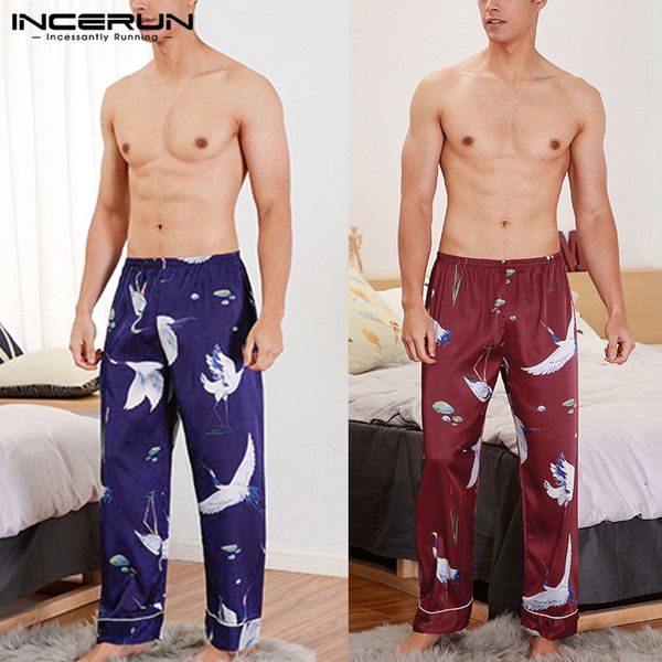 

men's pants incerun 2021 men printed casual trousers soft breathable homewear elastic waist leisure mens fashion bottoms plus size, Black