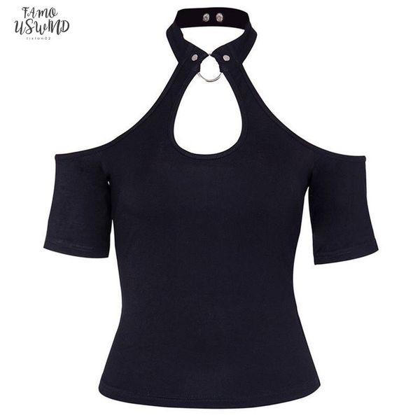 

women t shirts club gothic black summer slim plain rivets hole punk style ol female fashion goth chic, White
