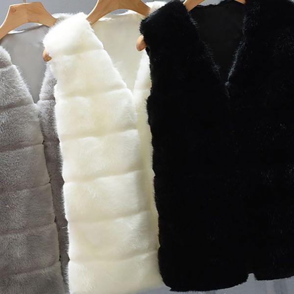 

faux fur vest jacket coat women winter thick warm outerwear overcoat parka sleeveless v-neck short waistcoat plus size 4x 6q2305, Black