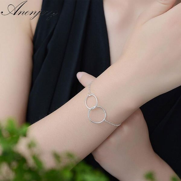 

anenjery fashion 925 sterling silver anklet bracelet for women double circle interlock chian ankle bracelet jewelry s-b134, Black