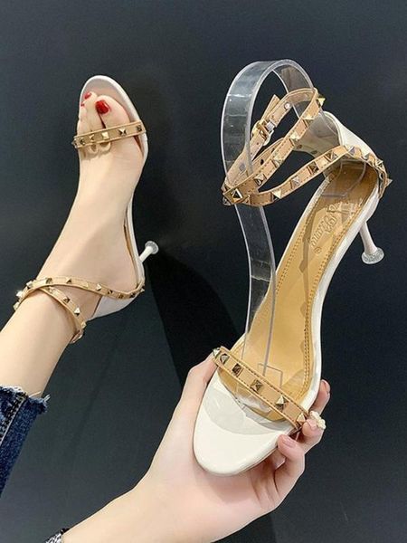 

studded sandals buckle strap 2020 summer comfort shoes for women round toe women's heels suit female beige med outside stiletto, Black