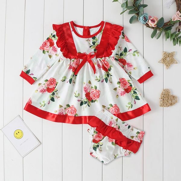 

new baby girl dress princess dresses+shorts kid baby girl flower long sleeve princess wedding party pageant chidlren sundress, Red;yellow