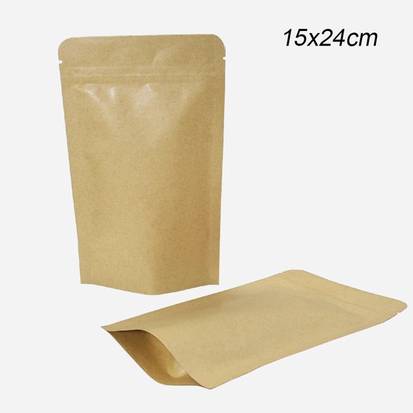 50 pz/lotto Doypack Marrone Sacchetto di Imballaggio di Carta Kraft per Alimenti Secchi Pet Food Frutta Secca Erba Sacchetti di Immagazzinaggio Antiodore 15x24 cm