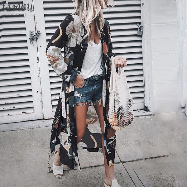 

women vintage floral chiffon shirts loose shawl cap sleeve kimono cardigan boho long sunscreen jacket blouse, White