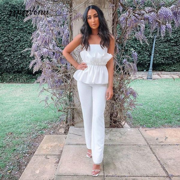 

upavonu 2020 women's white bandage jumpsuit strapless frill ruffled jumpsuit celebrity club evening party, Black;white