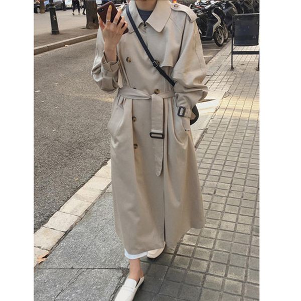 

ordi2019 autumn women trench coat long outerwear overcoat fashion loose clothes for lady with belt high quality, Tan;black