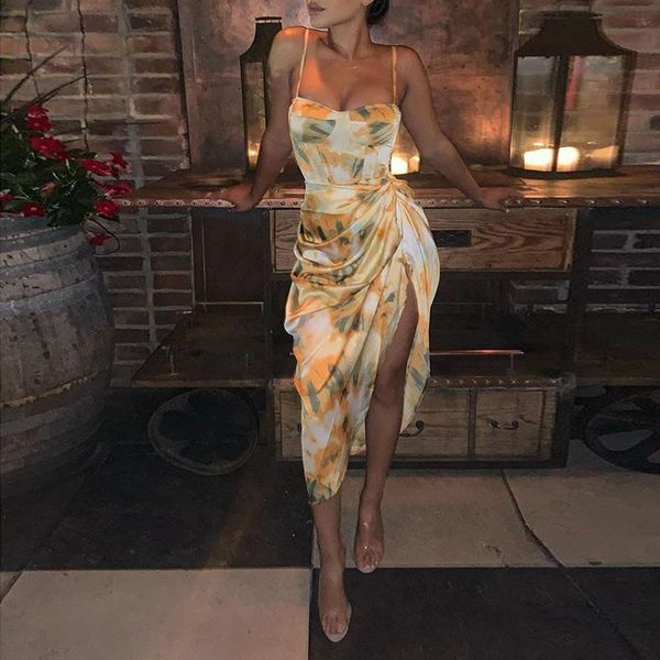 

spaghetti straps split midi party dress yellow abstract print floral ruched boho summer holiday high slit women dress m0327, Black;pink
