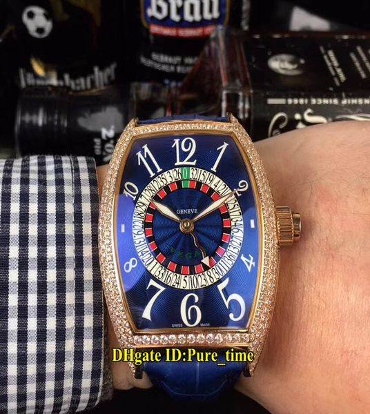 Günstige neue 8880 Vegas Casino Russian Turntable Blaues Zifferblatt Automatische Herrenuhr Roségoldgehäuse Diamantlünette Blaues Lederarmband Uhren 8 Farben