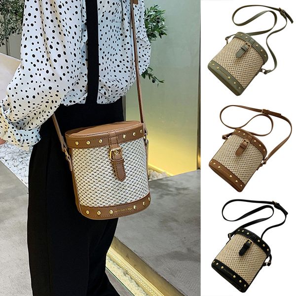 

woman fashion weave shoulder bags ladies retro countryside leisure bucket bags