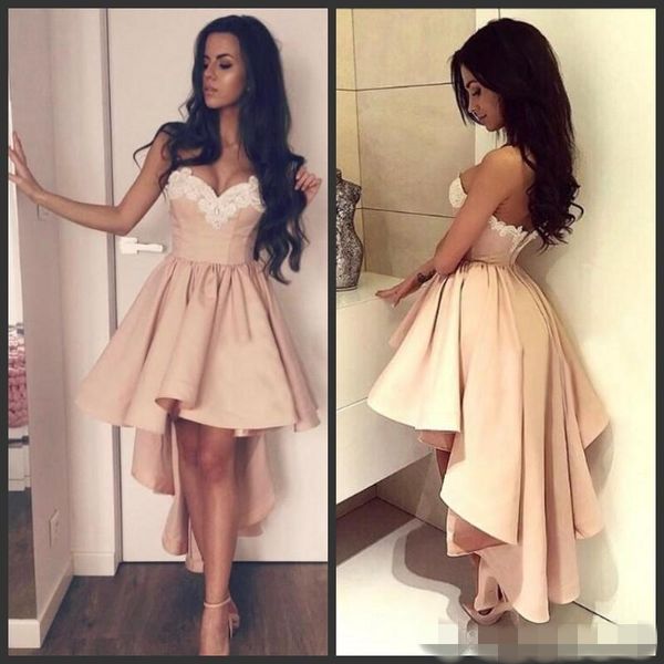 2019 simples blush vestidos de baile cor-de-rosa curta mini alto baixo baixo laço applique applique querida decote plissos vestido de festa de noite cocktail