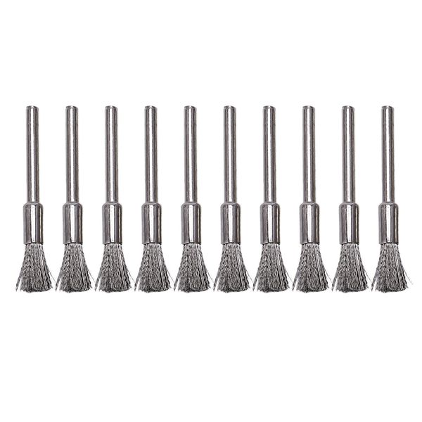 

10 pc stainless steel 1/4 inch (6mm) pen wire brush #532 with 1/8 inch (3mm) shank for dremel and compatible rotary tool