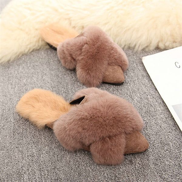 

new real fur flat slippers 2020 autumn explosion models wear fashion pointed flat shoes wild warm slippers, Black