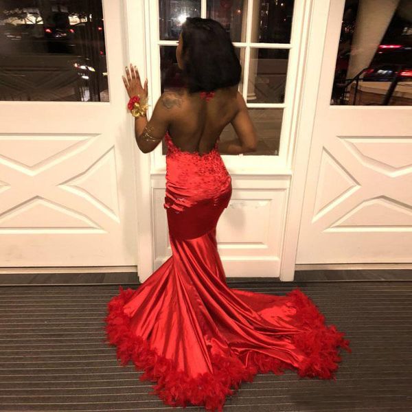 

chic black girls prom dresses elegant red mermaid evening gowns halter backless sweep train feather long formal dress 2020 pageant gown