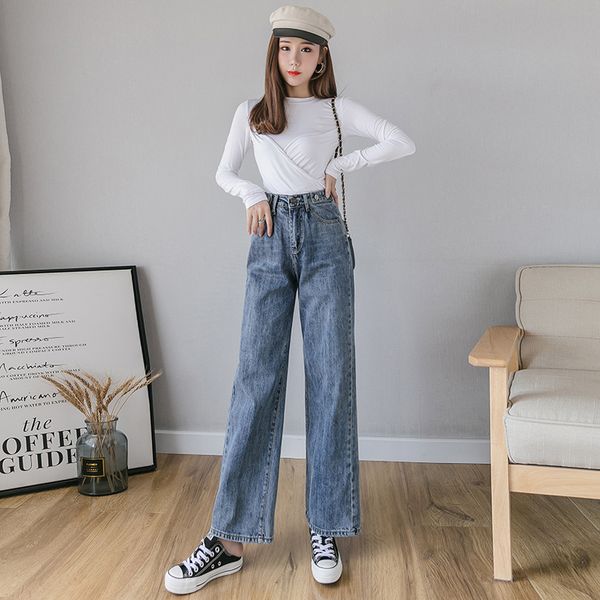

wide-legged jeans since loose waist drape to drop a little xuan ya straight mop autumn new pants, Blue