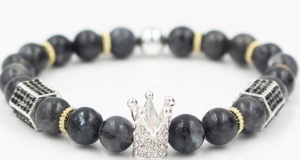 

8mm cyu53 gold silver copper crown agate onyx micro pave cz zircon cubic zirconia bracelet yoga reiki chakra healing, Black