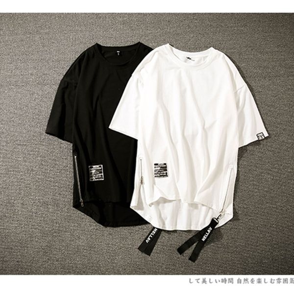 

2018 summer trend men's new position on both sides of the zipper slit loose large casual round neck short-sleeved men's t-shirt, White;black