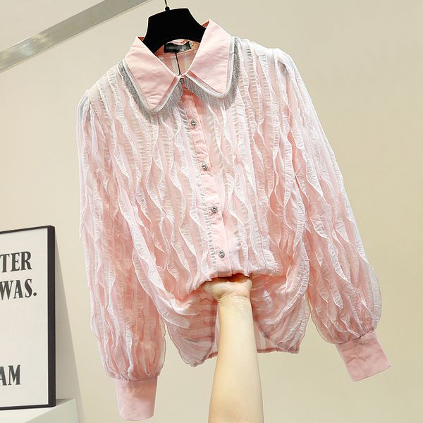 

pleated agaric edge bead chain tassel shirt women's single breasted sweet temperament blouse female ladies shirts femme, White