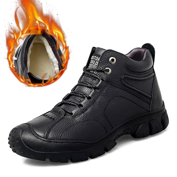 

waterproof new genuine leather boots men warm plush fur ankle snow boots winter shoes comfortable outdoor shoes men size 38-44, Black