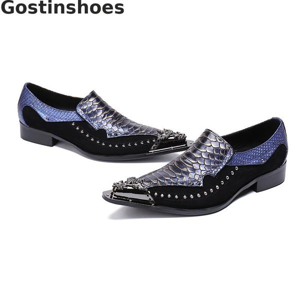 

loafers men shoes casual shoes oxfords genuine leather snakeskin printed fashion men leather metal cap toe pointed rivets, Black