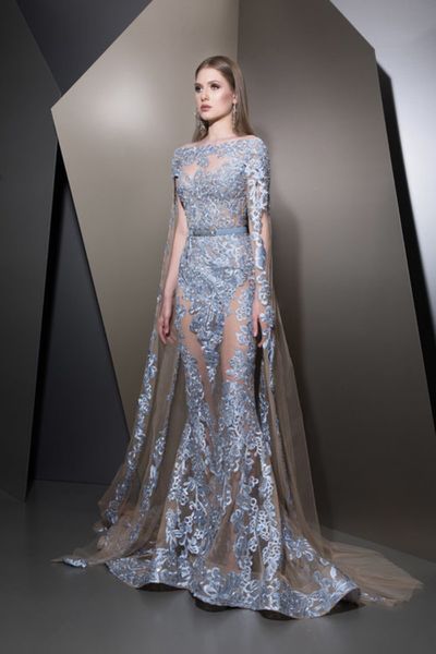 

2019 ziadnaked mermaid evening dresses with wrap off shoulder lace formal prom dress appliqued dubai arabic red carpet party gowns, Black;red