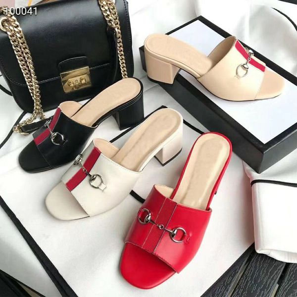 

classic designer women slippers cowhide 100% bright lacquer leather thick heels metal woman shoe beach lazy sandals high heeled shoes large, Black