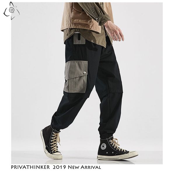 

men casual cotton pockets 2019 trousers mens streetwear korean joggers male cargo pants 5xl autumn, Black