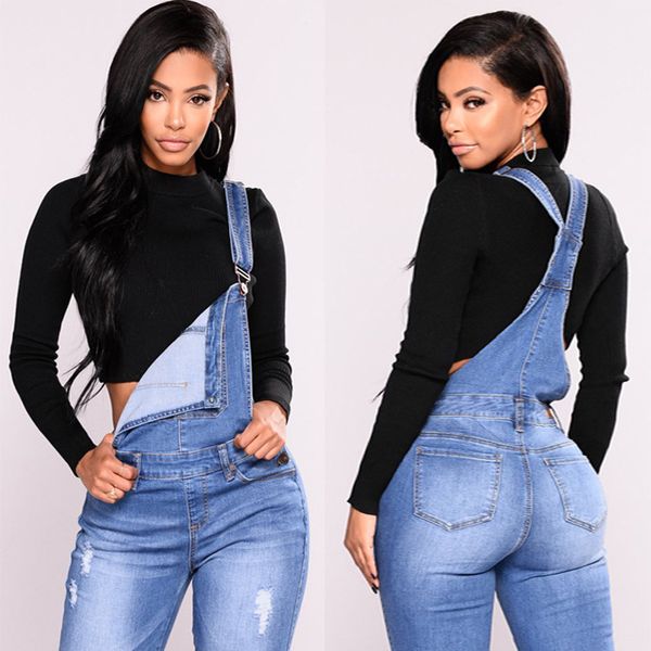 

women overalls ankle-length pants cotton mid waist button pockets ripped washed coated skinny streetwear, Blue