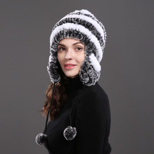 

русская зима натуральный мех earflap hat женщины трикотажные подлинная рекс кролика skullies cap diy теплый мягкий рекс кролика шапки шапки, Blue;gray