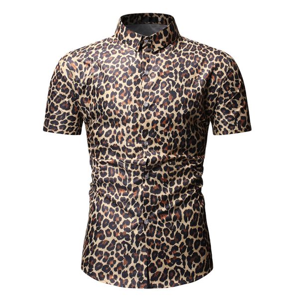 

fashion leopard print short sleeve shirt men camisa masculina 2020 brand new mens slim fit dress shirts party social shirt male, White;black