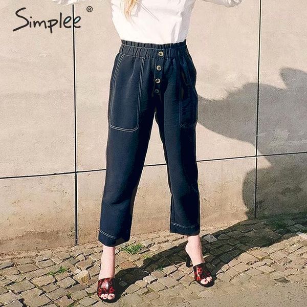 

simplee elastic waist button women pants elegant pockets solid ladies trousers harajuku office ladies trousers female pants, Black;white