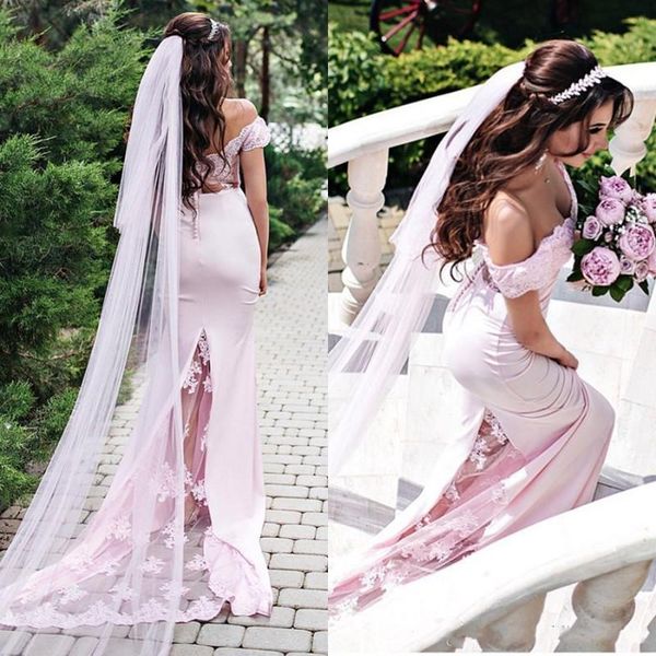 

2019 Elegant Mermaid Wedding Dresses Blush Pink Arabic Off the Shoulder Lace Appliques Sheer Tulle Cheap High Quality Bridal Gowns